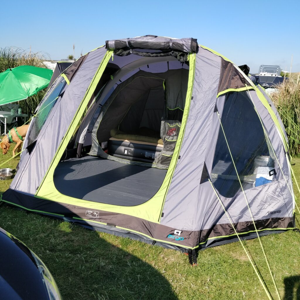 Richards Air tent - set up in Cornwall.

He says "Super easy to put up and take down. Makes all the difference when you just want to get on with the fun, or when the weather isnt its best and you need it done fast. We love our 6 man, from Go Outdoors."